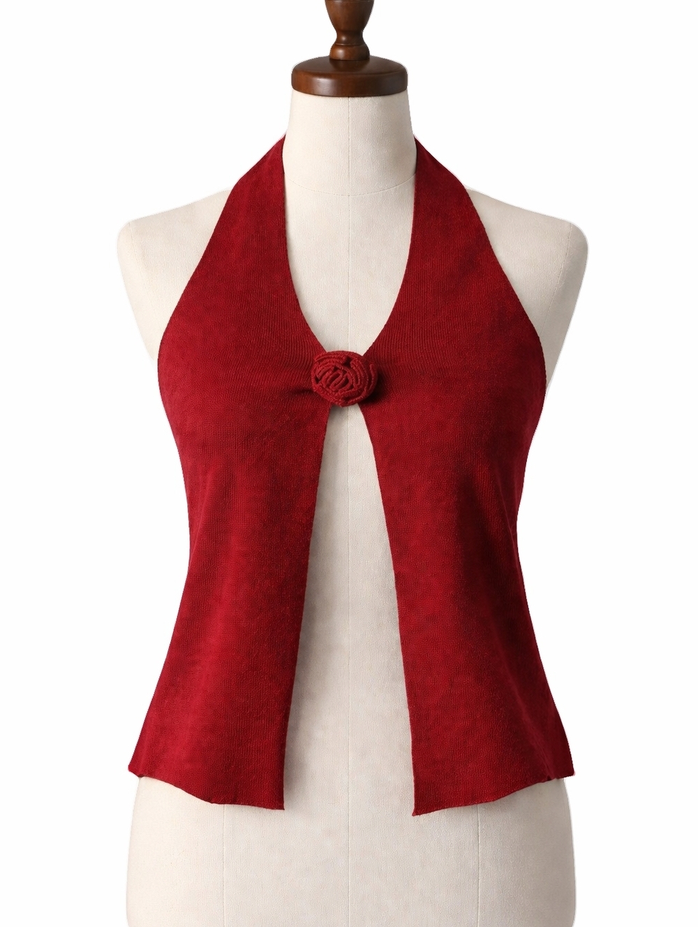 Brick Red Halter Knit Top with Rosette Detail
